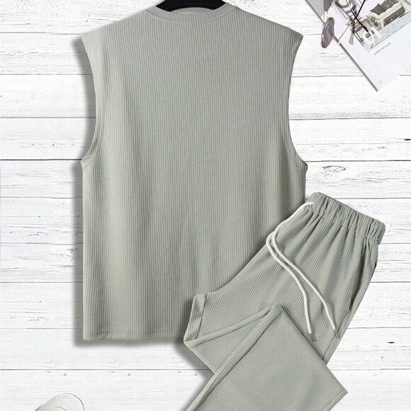 Light Grey Casual Mens Solid Tank Top & Drawstring Waist Pants - Picture 3 of 6